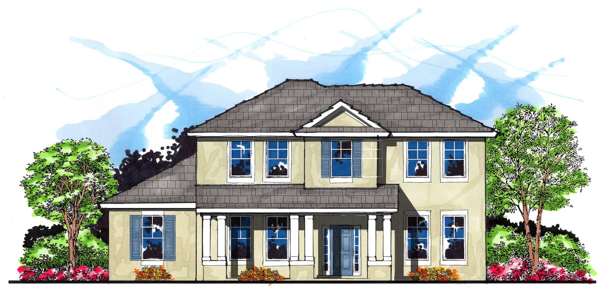 This is the front elevation for these Country Home Plans.