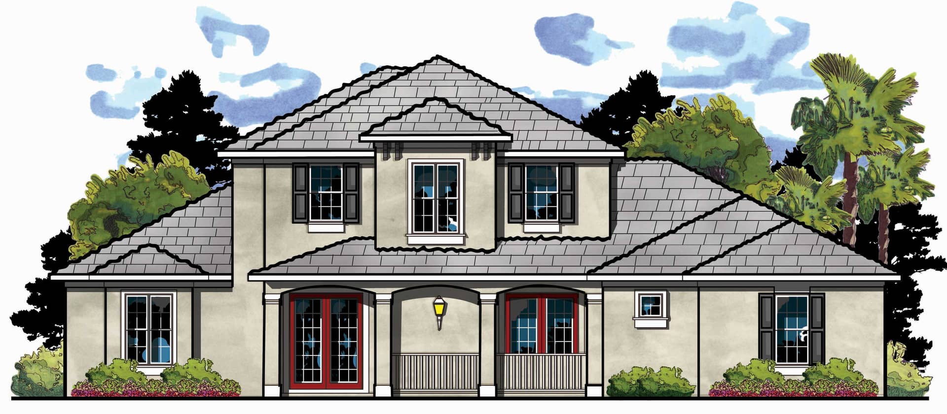 This is the front elevation for these European Home Plans.