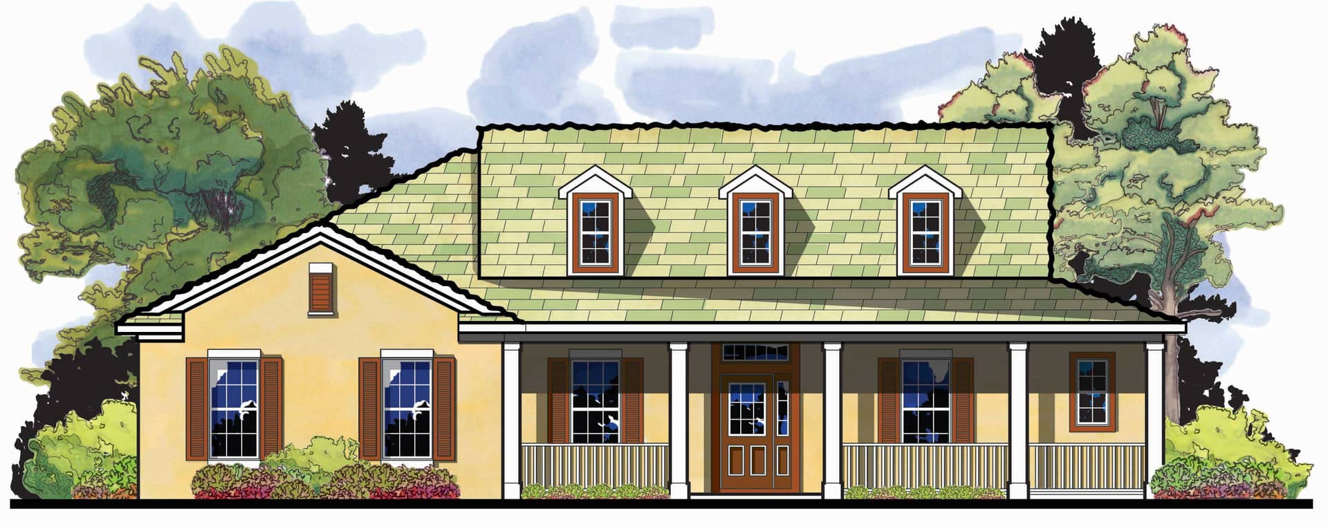 This is the front elevation for these Country House Plans.