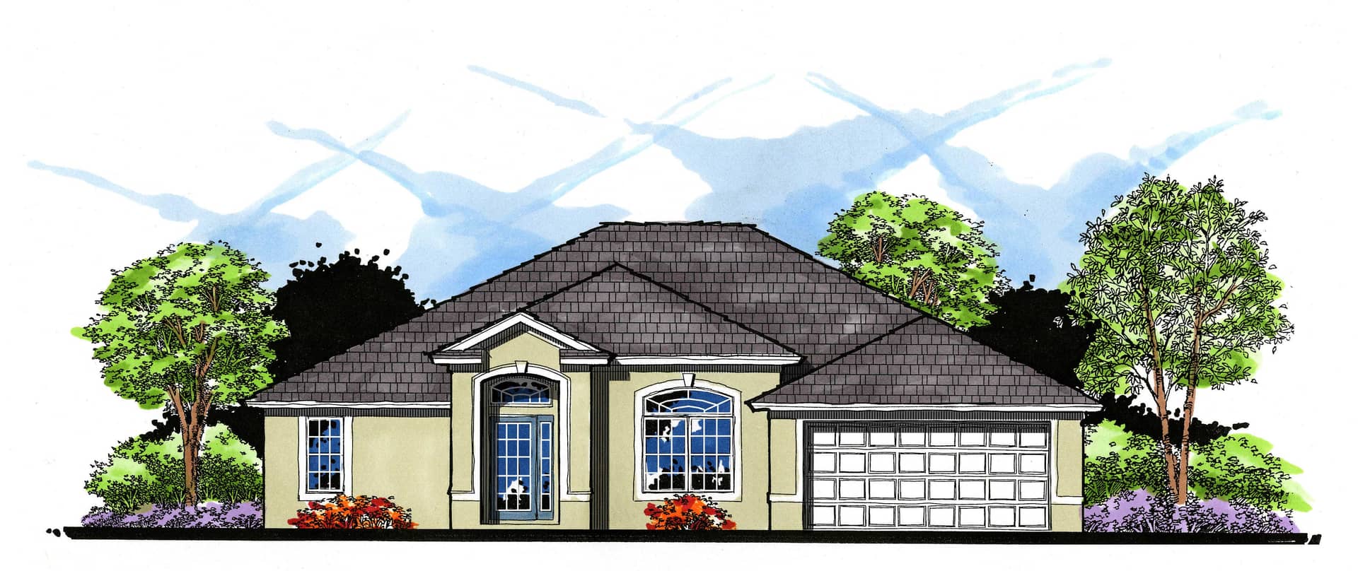 This is the front elevation for these European Home Plans.