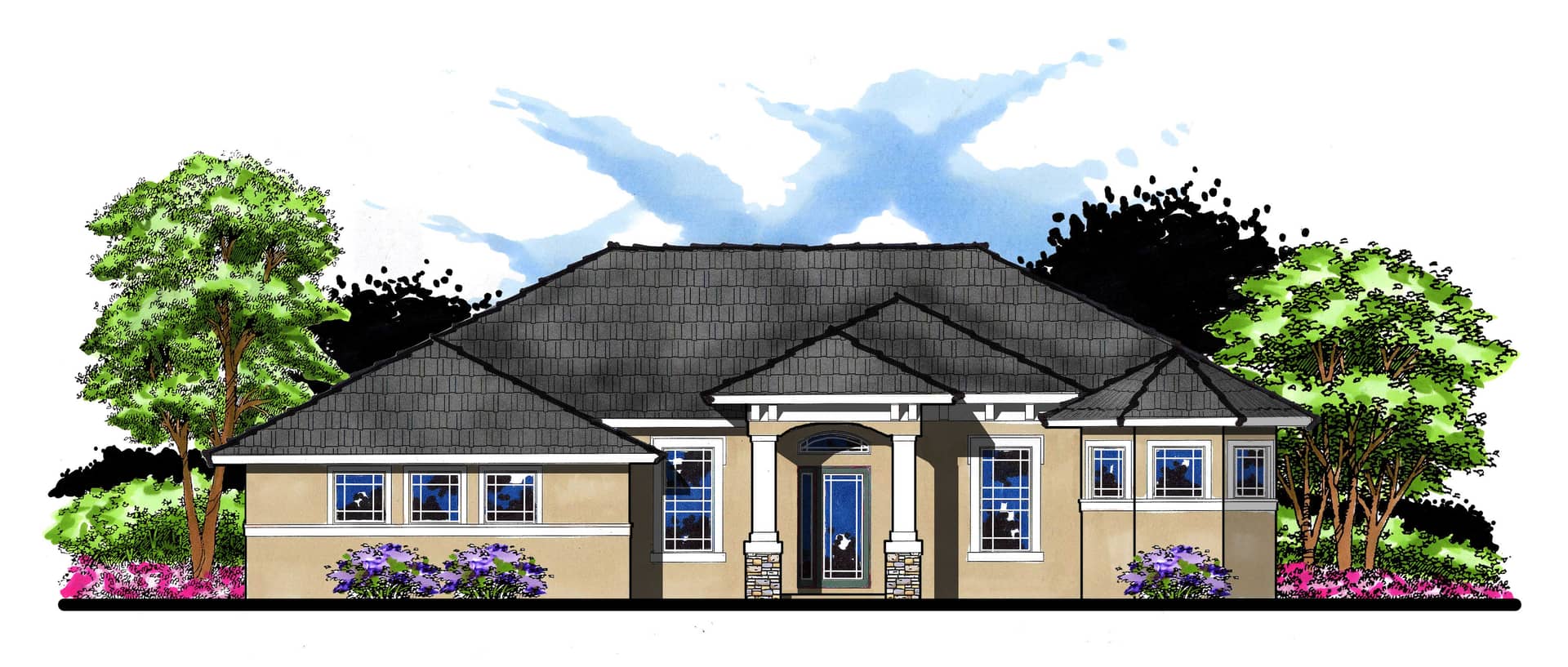 This is the front elevation for these Traditional House Plans.