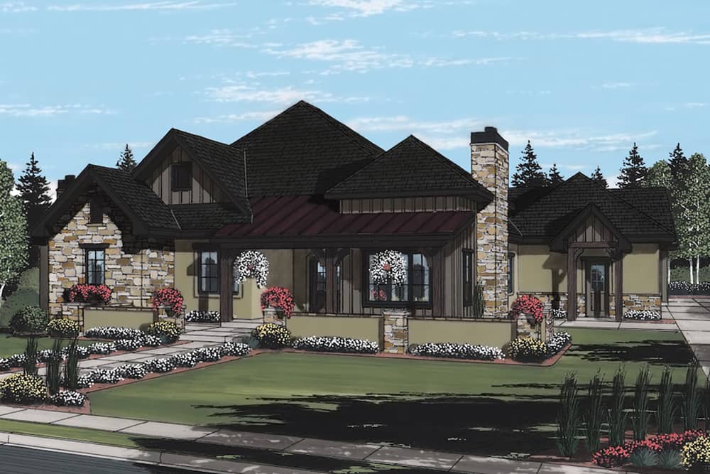 Color rendering of European home (ThePlanCollection: House Plan #161-1093)