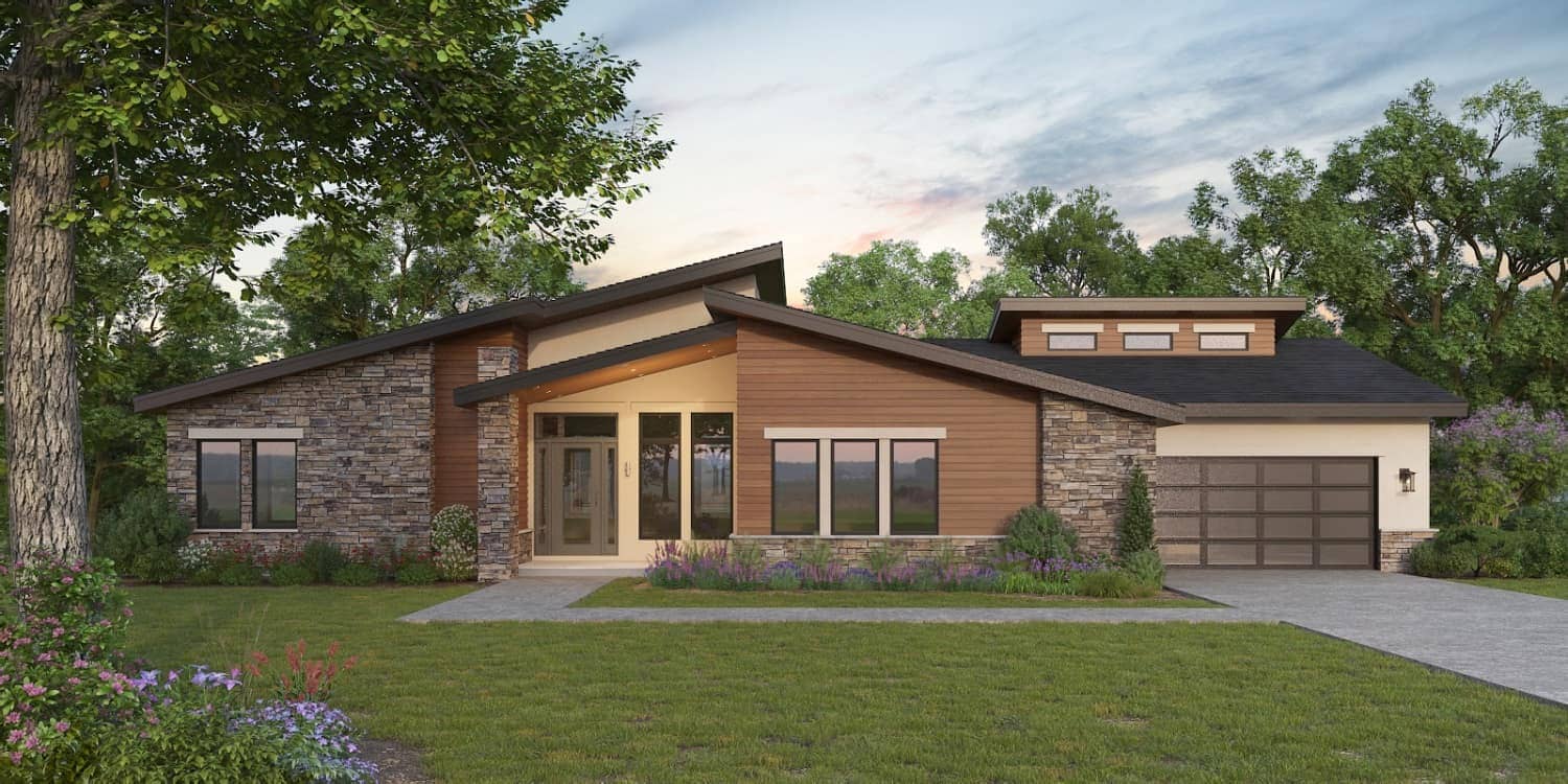 Front elevation of Contemporary home (ThePlanCollection: House Plan #161-1162)