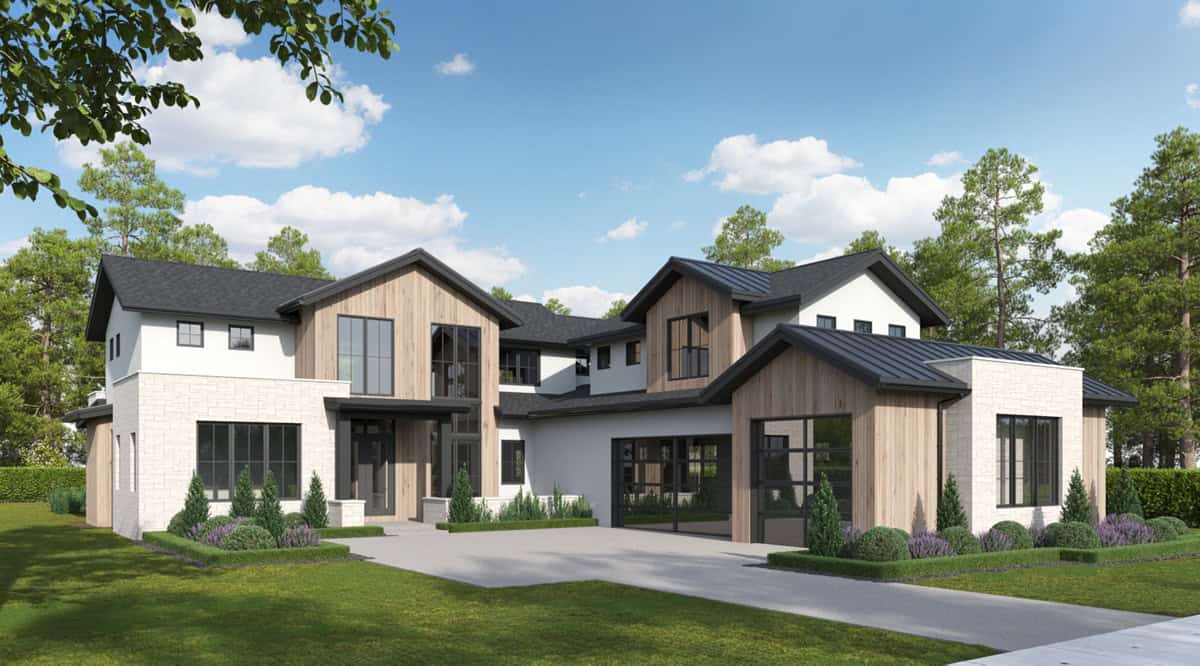 A Modern design with mixed stucco, stone, and wood cladding, courtyard entry, and covered rear patio. 6 beds, 4,589 sq ft — Plan #161-1286.