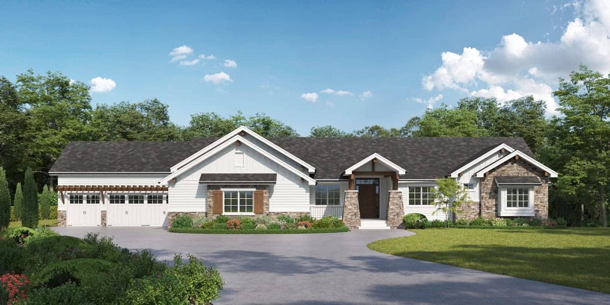 A two-story Modern Farmhouse home with covered front porch, stone and board-and-batten siding, and a side-entry five-bay garage. 3 beds, 3,143 sq ft - Plan #161-1315.
