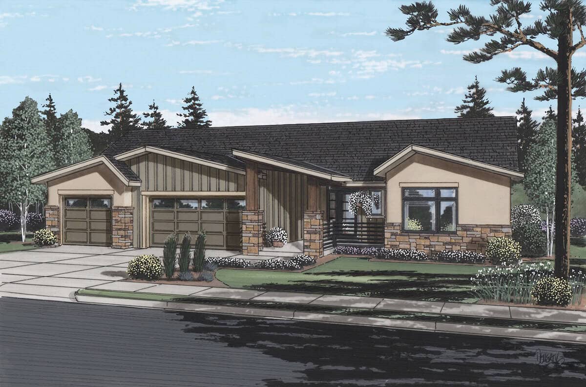 Contemporary ranch facade with stone accents and board-and-batten siding, covered front porch, and layered gable-shed roofline. 3 beds, 2,268 sq ft - Plan #161-1329