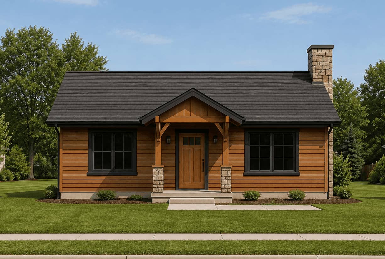 Craftsman facade with covered front porch, stone accents, and gable roofline anchors this narrow lot design. 1 bed, 720 sq ft - Plan #162-1123.