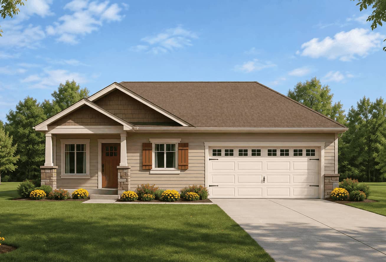 Craftsman facade with covered front porch, mixed stone and siding, and gable roofline. 4 beds, 1,824 sq ft - Plan #162-1128.