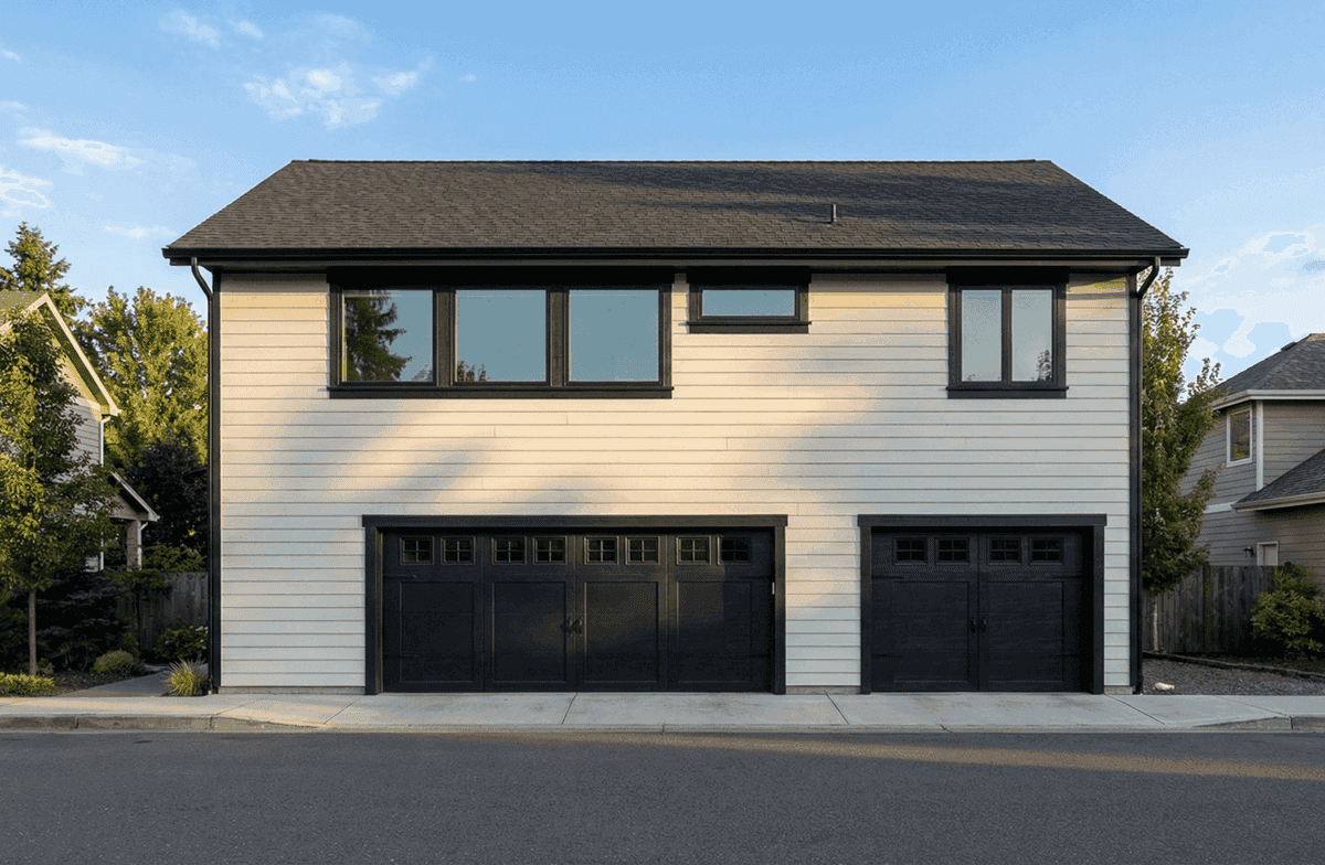 A contemporary garage apartment with a gable roofline, lap siding, and a covered front porch marks the residential entry above the three-car garage below. 2 beds, 1 bath, 975 sq ft - Plan #162-1130