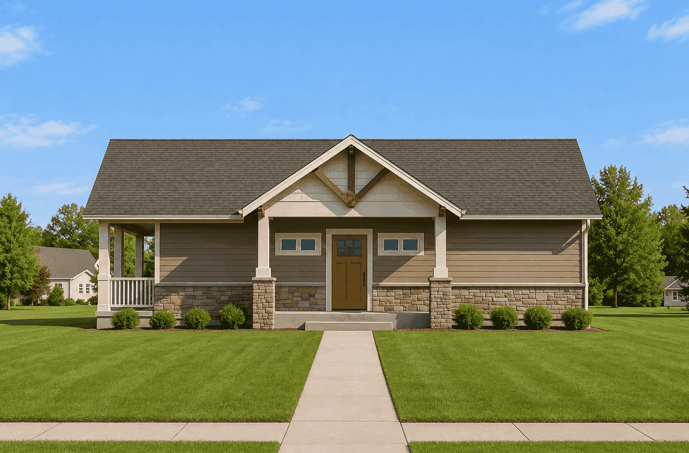 Craftsman facade with rock and shake siding, traditional gable roofline, and expansive covered front porch entry. 2 beds, 2 baths, 1,944 sq ft - Plan #162-1131