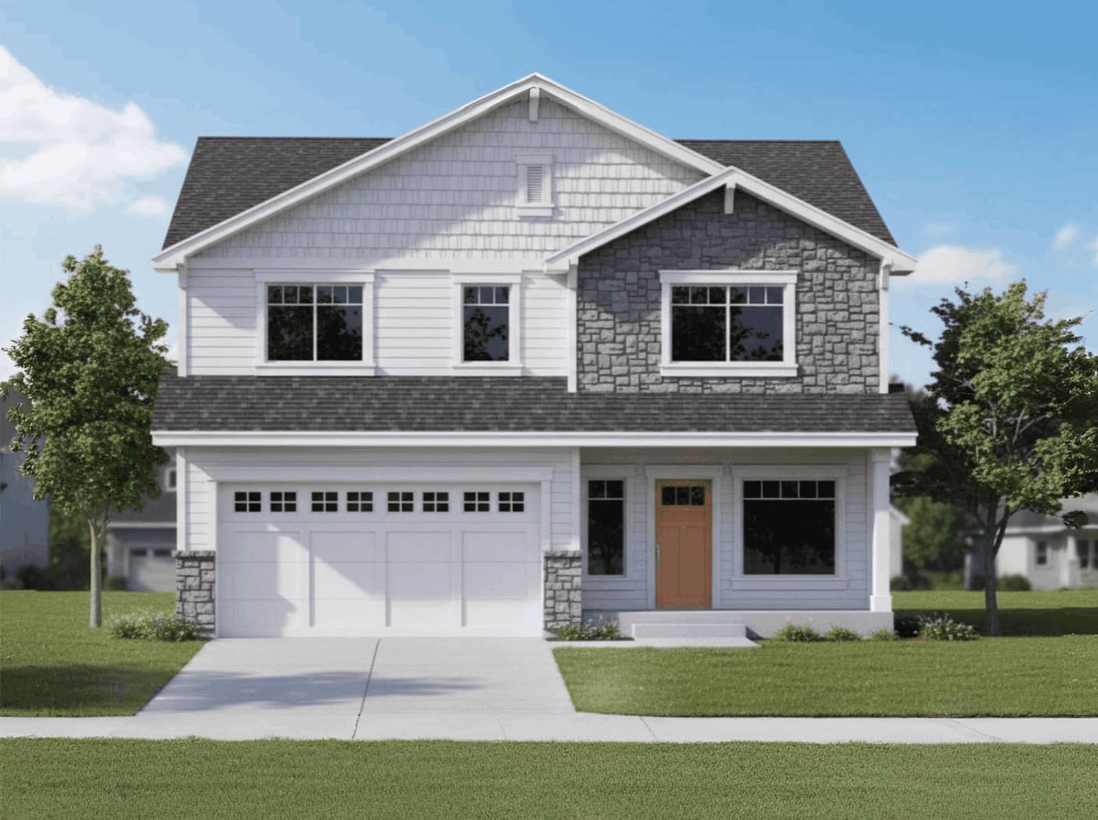 Craftsman elevation with covered front porch, stone piers supporting tapered columns, mixed siding and shakes, and steeply pitched gable roofline. 4 beds, 2.5 baths, 1,788 sq ft - Plan #162-1157