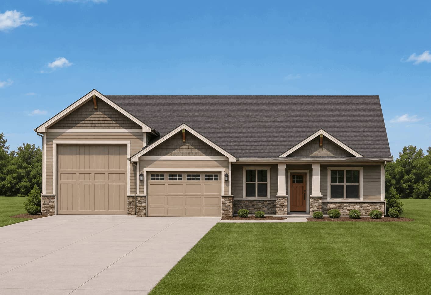 A Craftsman home elevation with stone and shake exterior, prominent gable roofline, and covered front porch entry. 3 beds, 1,980 sq ft - Plan #162-1169