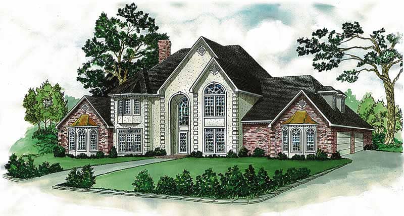 European house plans color rendering front elevation.
