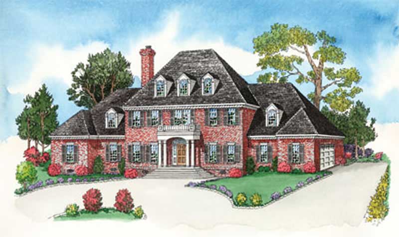 This elegant 4-bedroom European-style home plan (#164-1252) showcases timeless brick architecture, symmetrical lines, and a welcoming covered front porch.