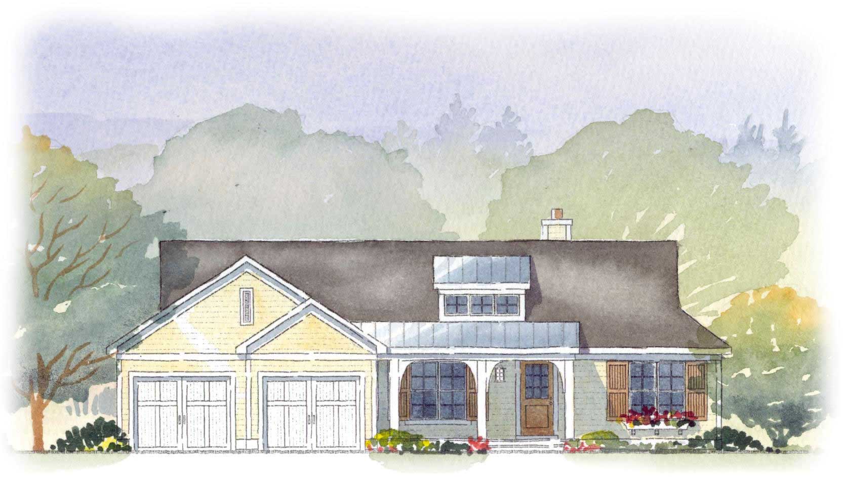 This is a colored elevation of these Ranch Home Plans.