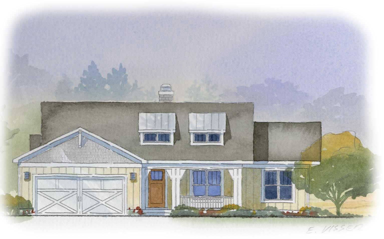 This is a colored rendering for these Farmhouse House Plans.