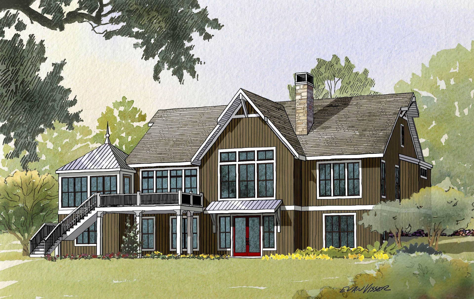 This image shows the rear of this set of Houseplans.