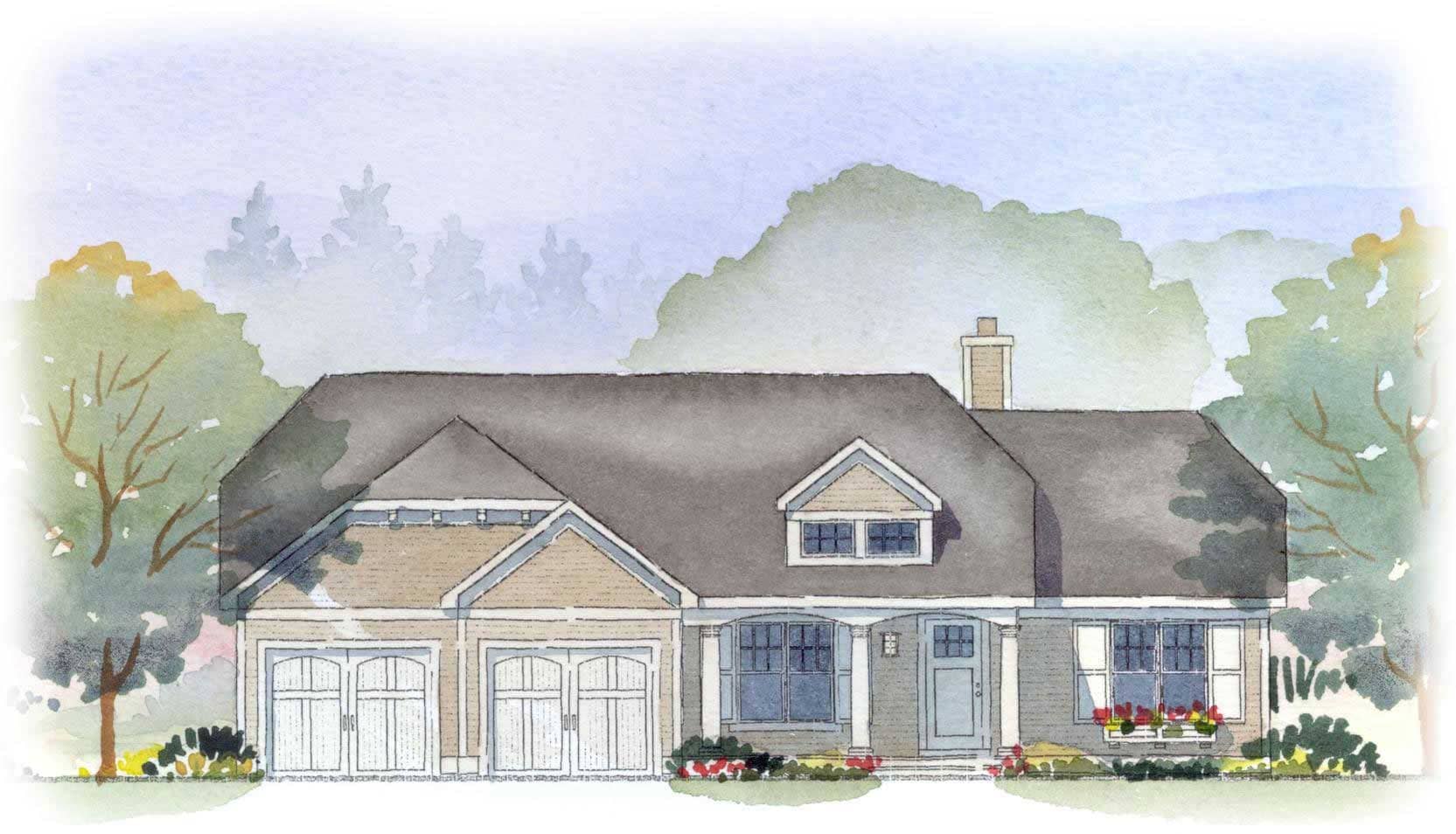 This is an artist's rendering of these Ranch Houseplans.