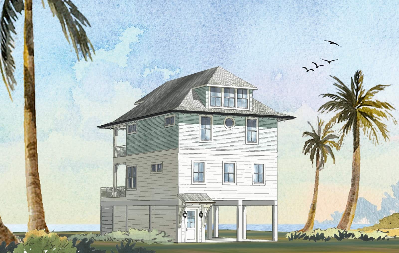 Front elevation of Beachfront home (ThePlanCollection: House Plan #168-1168)