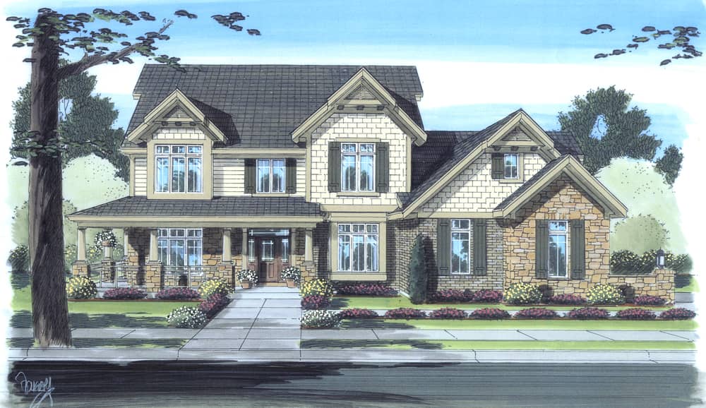 Front elevation of Craftsman home (ThePlanCollection: House Plan #169-1099)