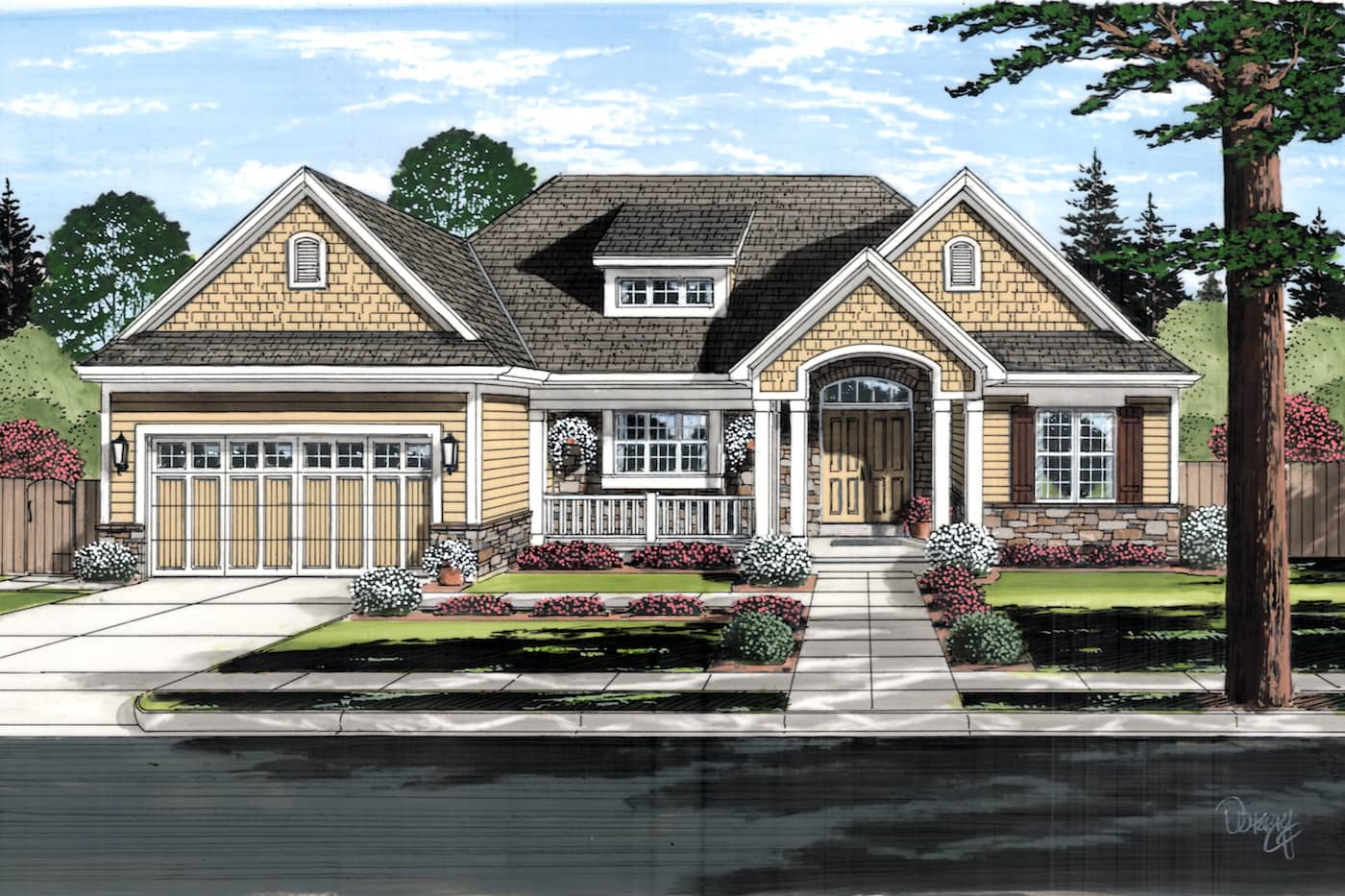 Color rendering of Craftsman home plan (ThePlanCollection: House Plan #169-1127)