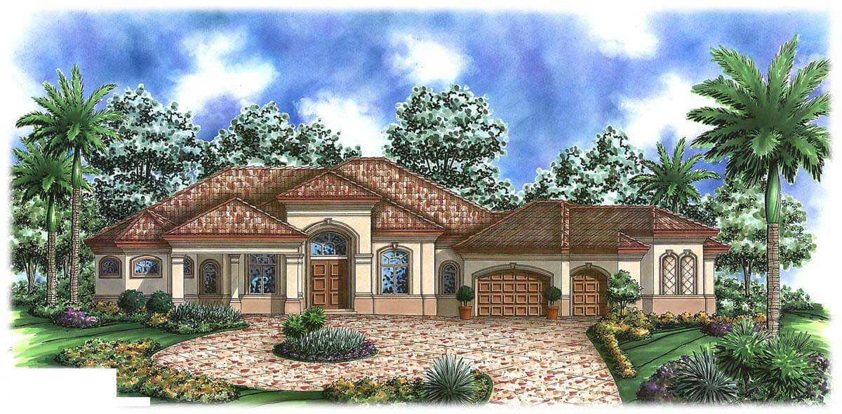 This is a colored front elevation of these Tuscan House Plans.