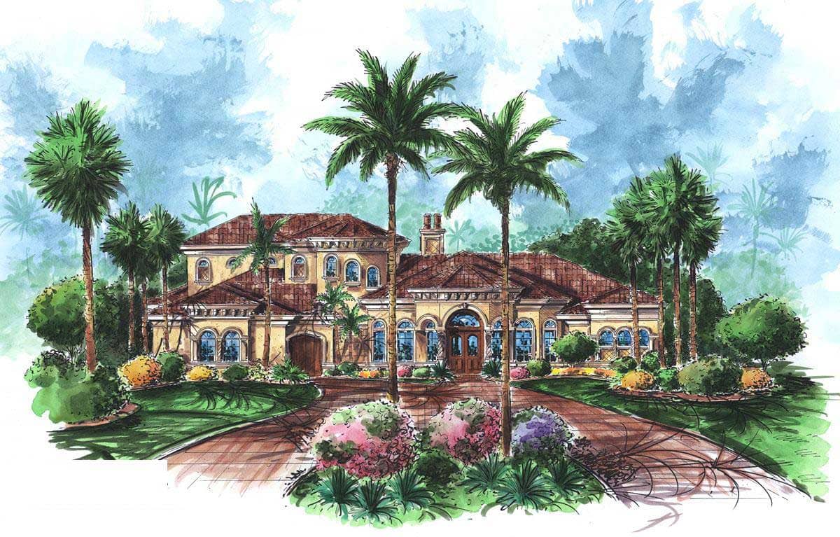 This is a colored elevation of these Mediterranean House Plans.