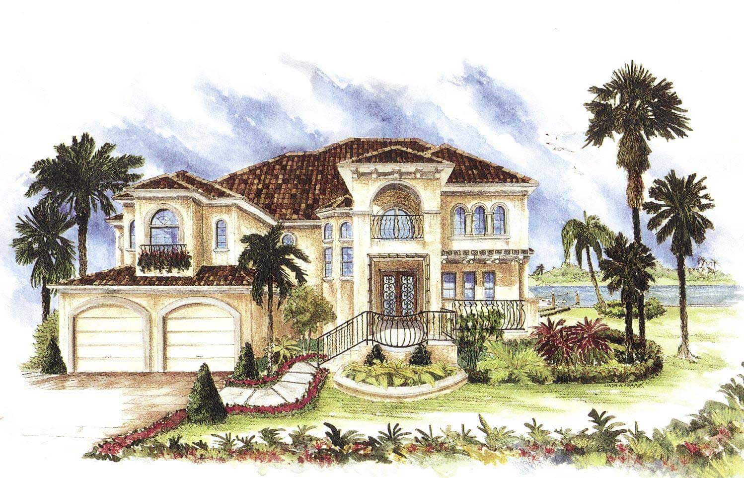 This image is a colorful drawing that shows the front elevation of these Mediterranean House Plans.