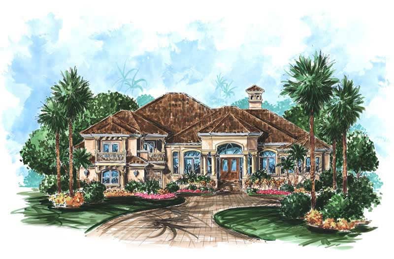 Mediterranean house plans color front elevation.