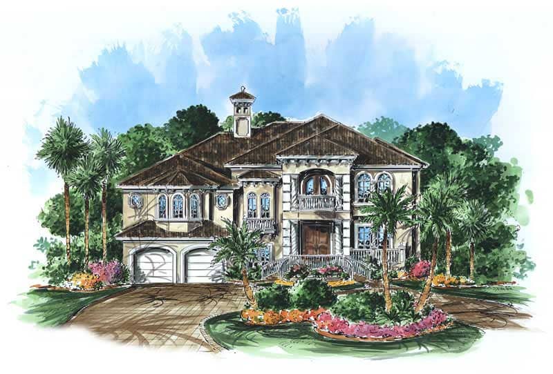 This image shows the front elevation for these Mediterranean House Plans.