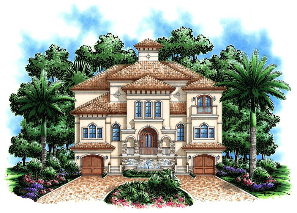 Front elevation of Mediterranean home plan (ThePlanCollection: House Plan #175-1190)