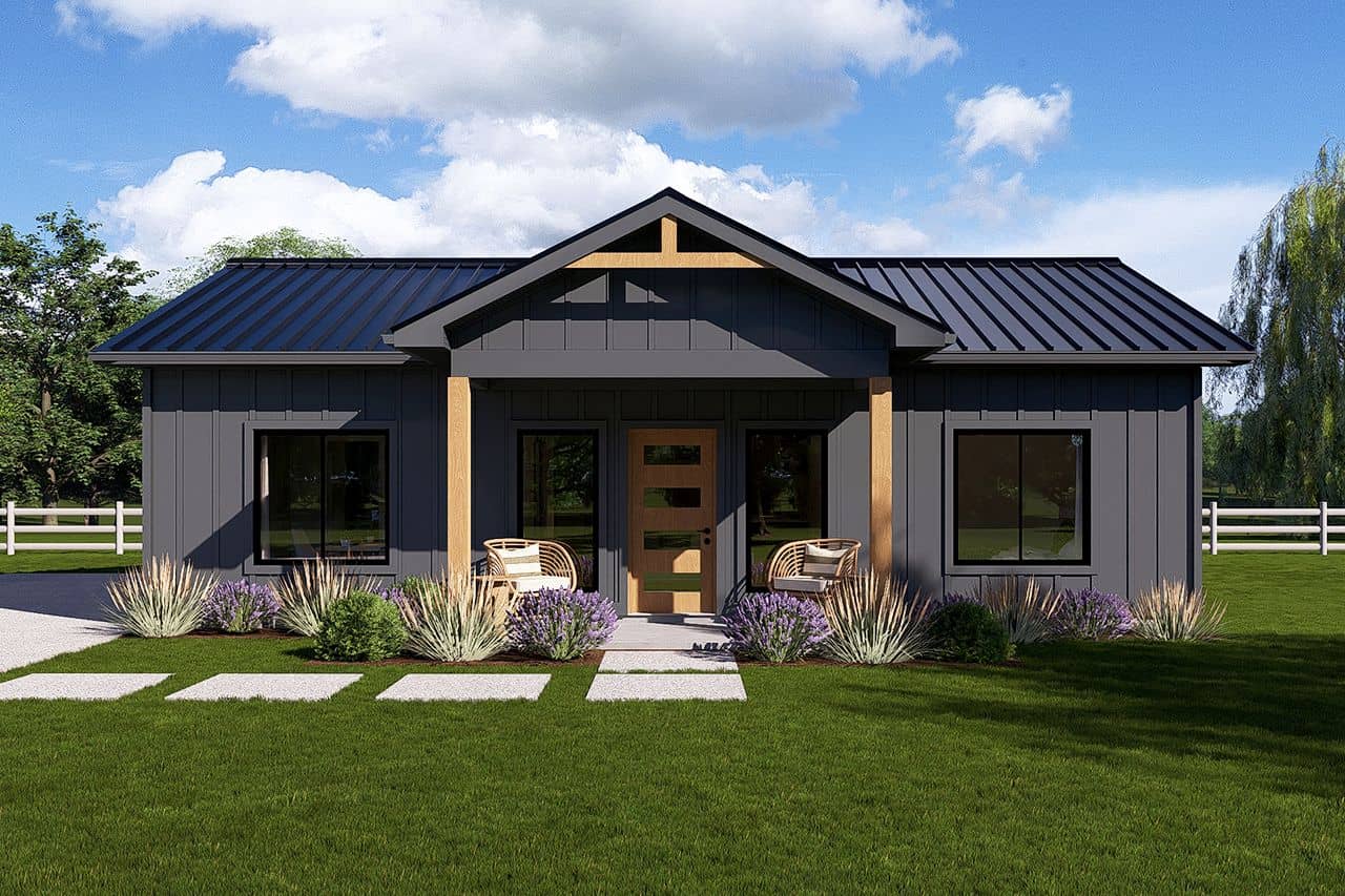 Front elevation of Barndominium home (ThePlanCollection: House Plan #177-1083)