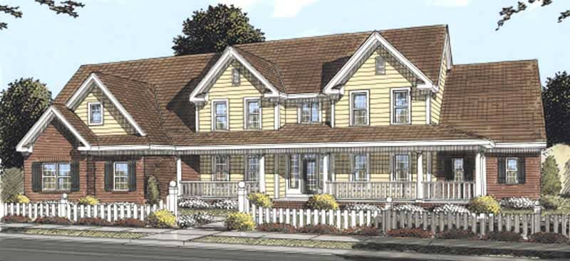 This image shows the front elevation of these Country House Plans, Farmhouse House Plans, 1-1/2 Story House Plans.