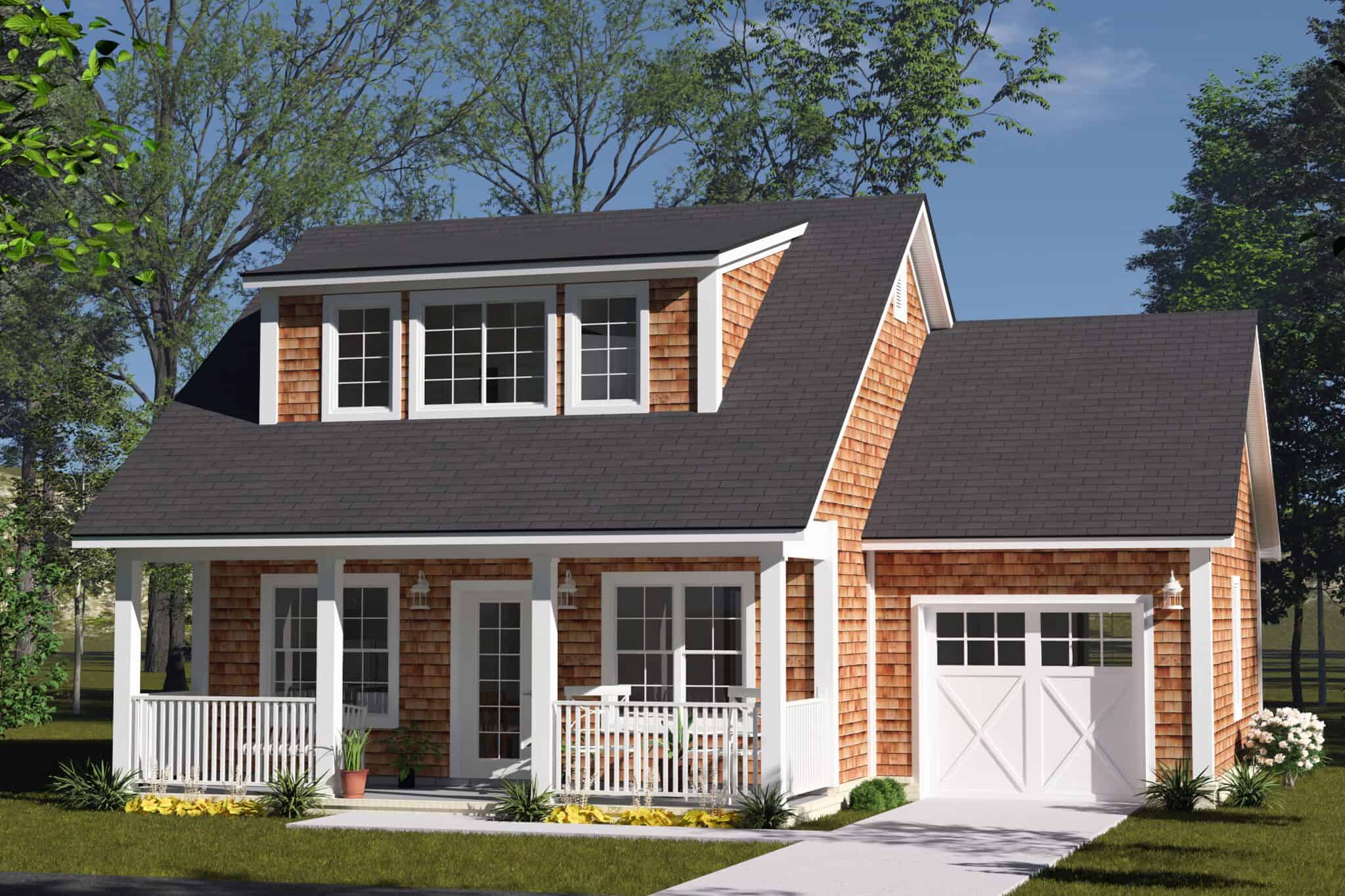 Cottage with cedar shingle siding, a three-window dormer, a covered porch with white railings, and a one-car garage with an X-braced door. 2 beds, 880 sq ft - Plan #178-1577
