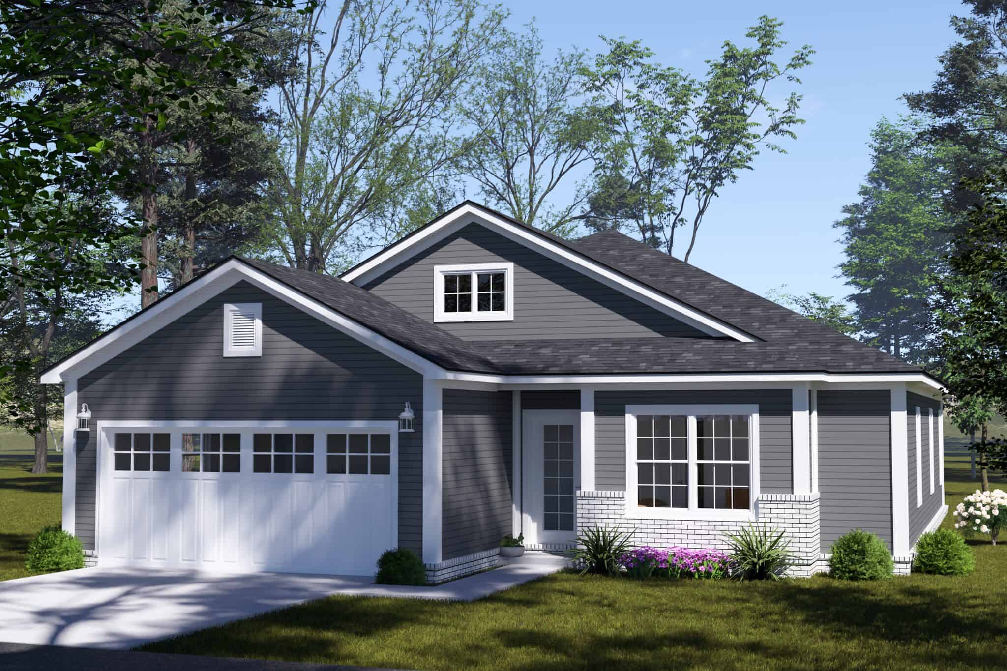 Ranch facade with gray lap siding, a gabled dormer, brick-faced entry piers, and a two-car garage on the left. 3 beds, 1,680 sq ft - Plan #178-1582