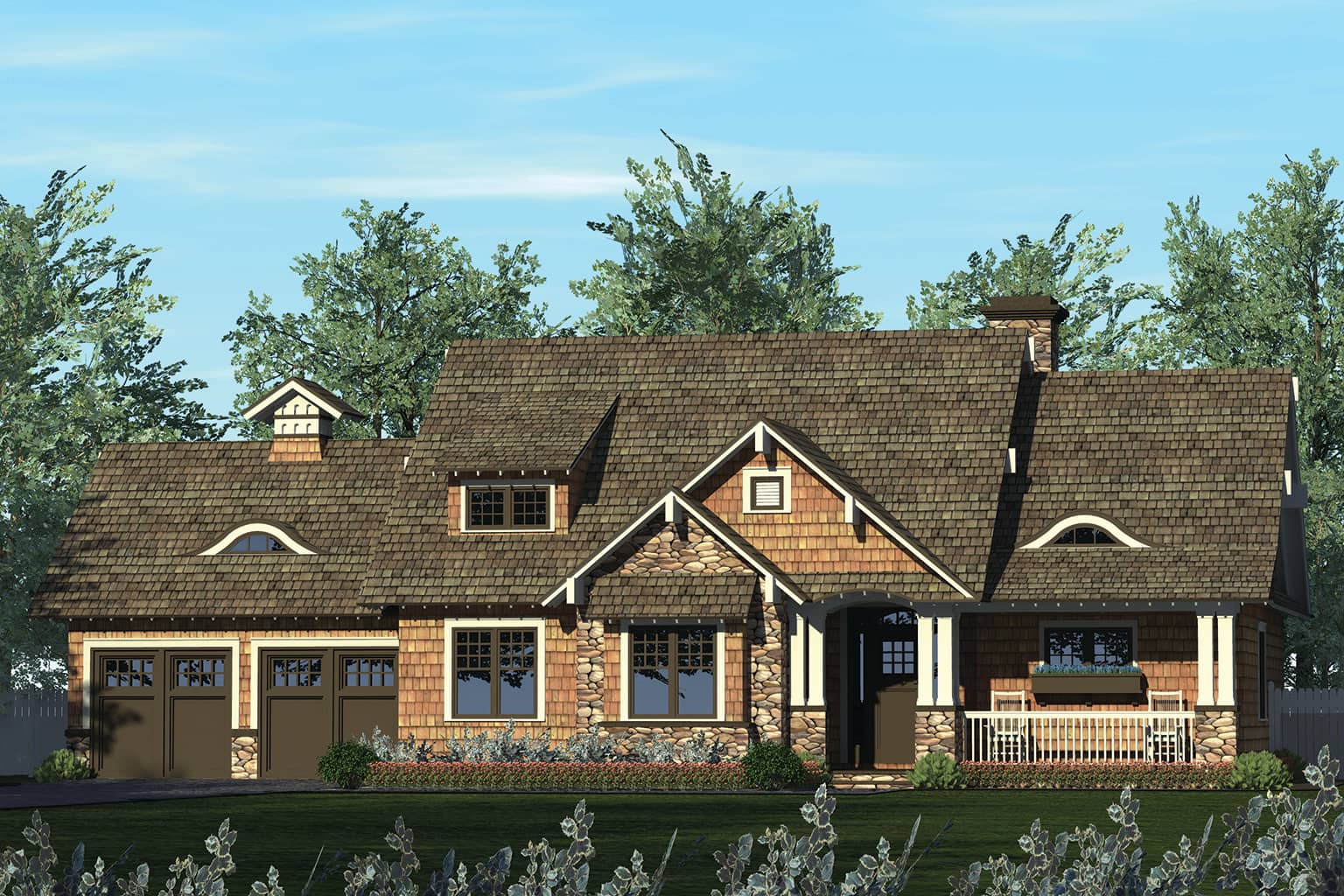 Front elevation of Craftsman home (ThePlanCollection: House Plan #180-1045)