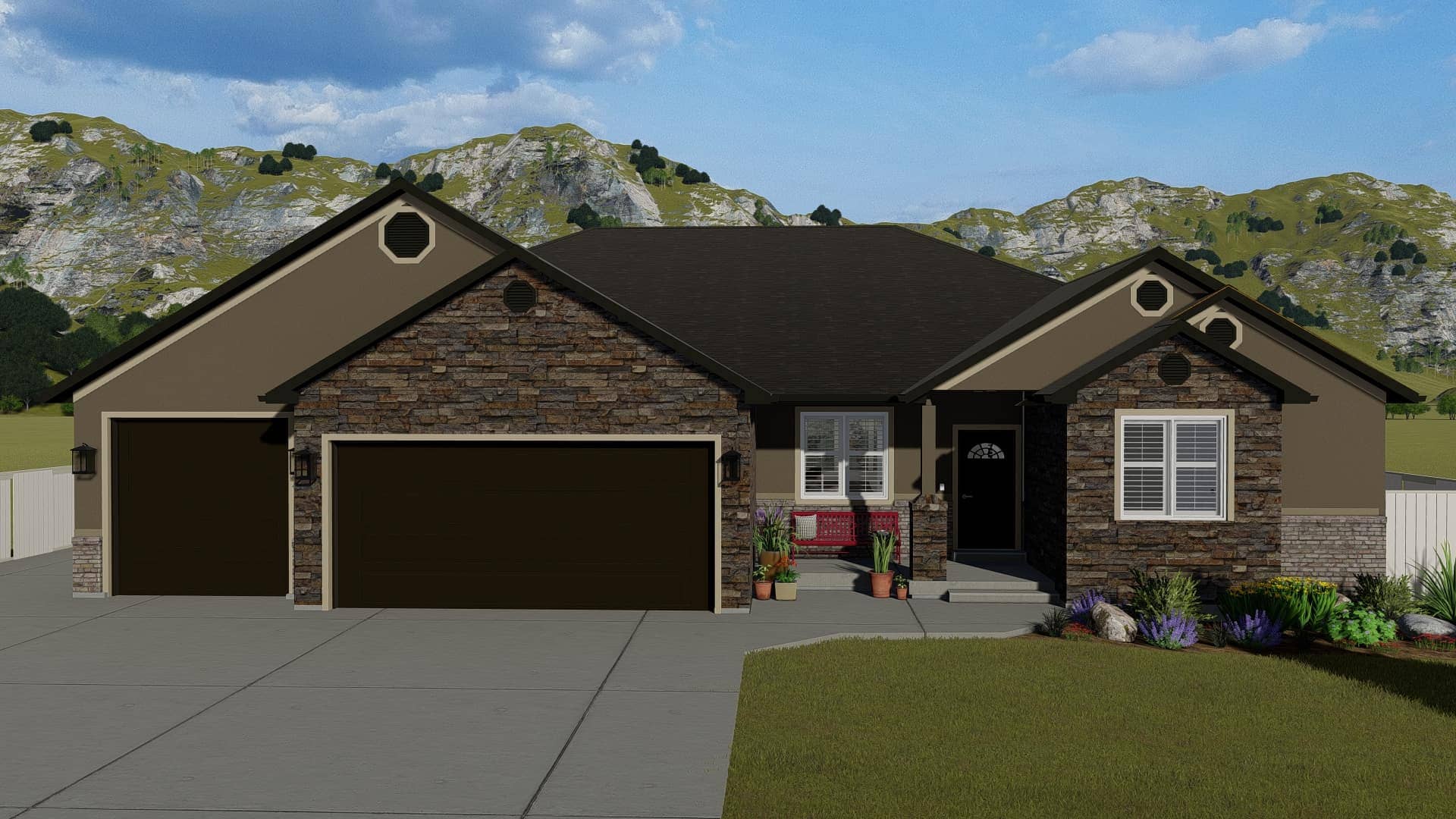 Front elevation of Ranch home (ThePlanCollection: House Plan #187-1140)