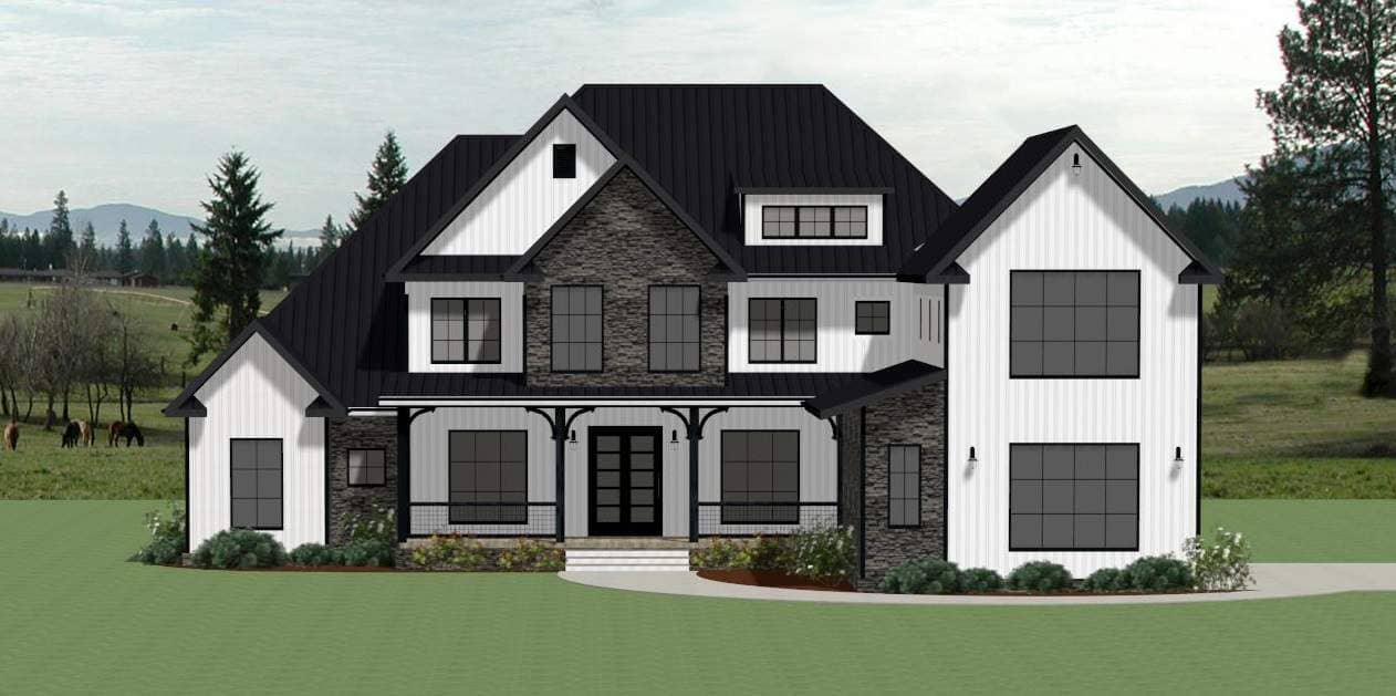 Front elevation of Modern Farmhouse home (ThePlanCollection: House Plan #189-1155)