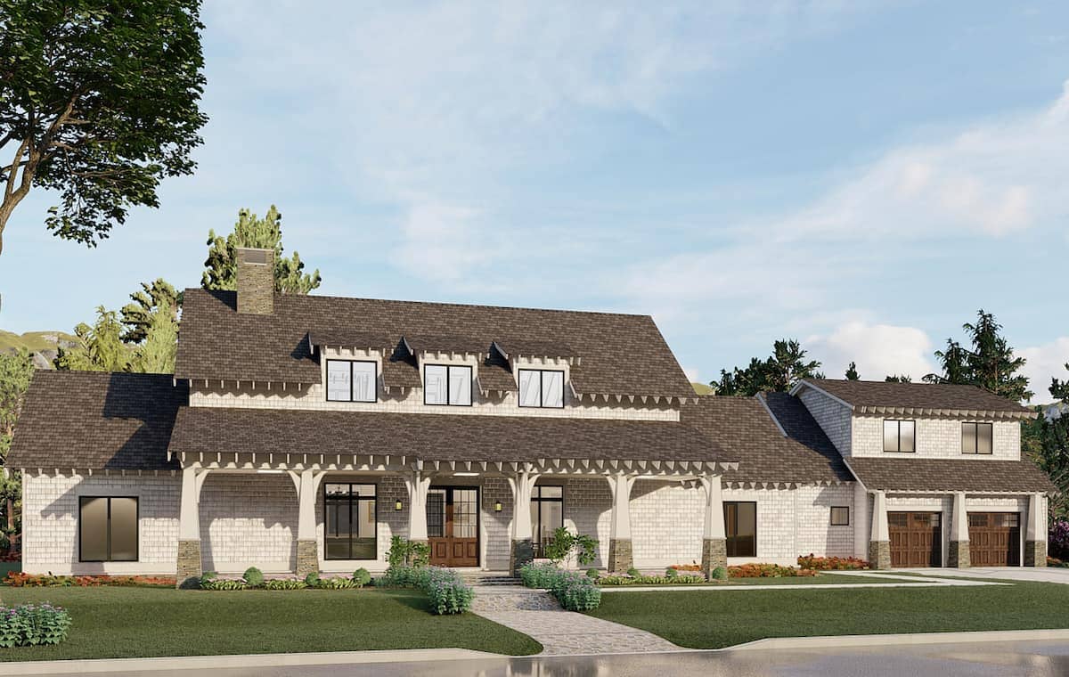 Front elevation of Arts and Crafts home (ThePlanCollection: House Plan #193-1200)