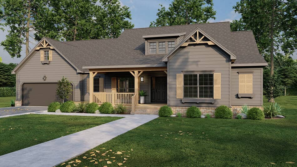 Front elevation of Craftsman home (ThePlanCollection: House Plan #193-1256)