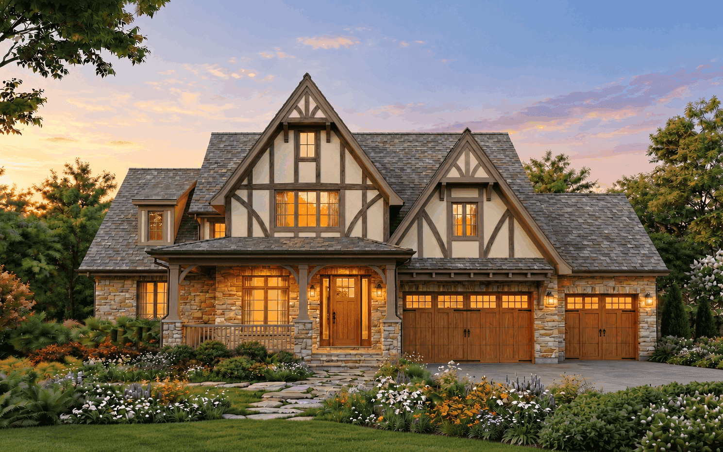 Cottage facade with stucco and stone siding, dramatic gable roofline, and covered front porch. 4 beds, 3,420 sq ft - Plan #193-1416