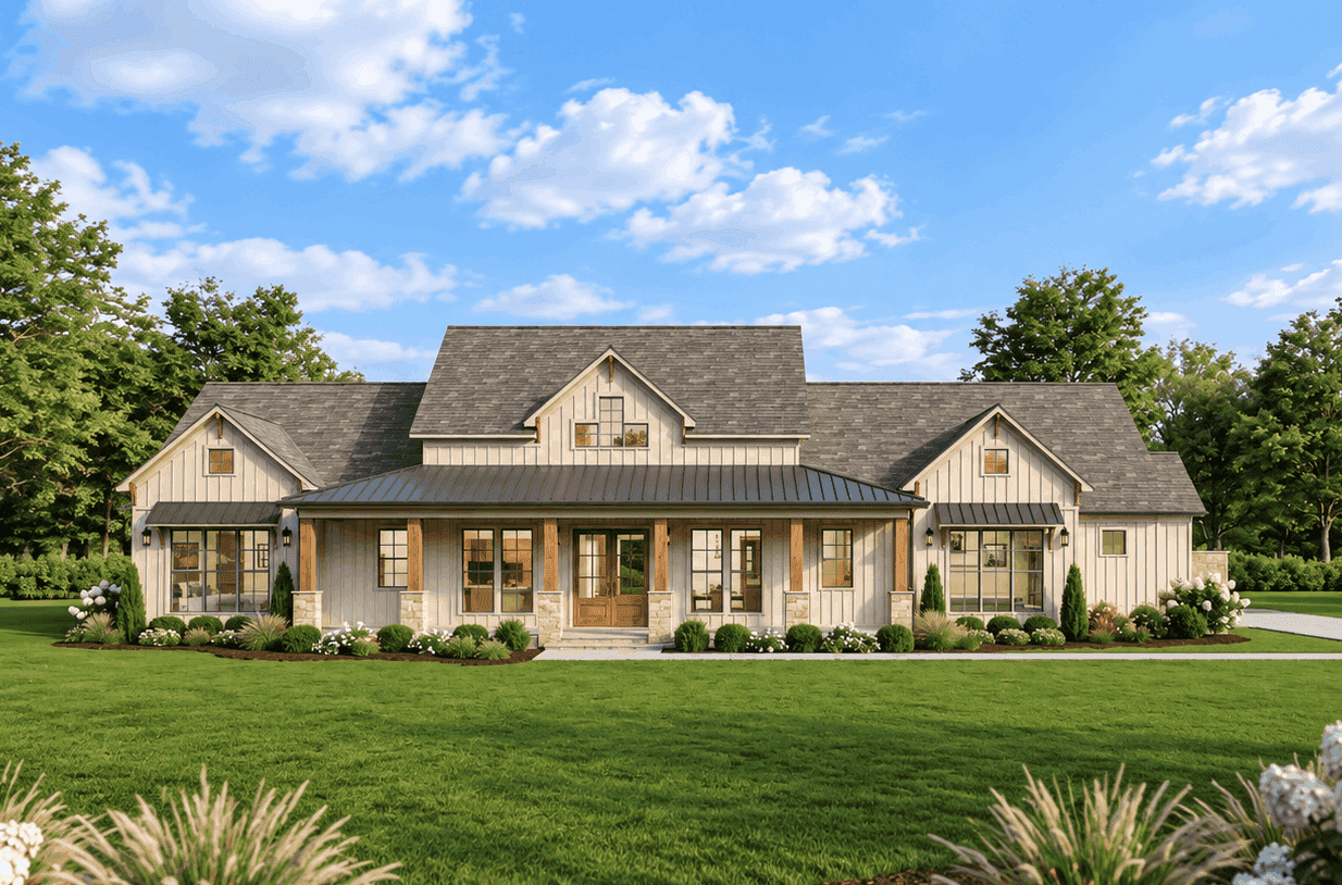 Modern Farmhouse home with board-and-batten siding, metal roof accents, and deep covered front porch. 3 beds, 3,334 sq ft - Plan #193-1426