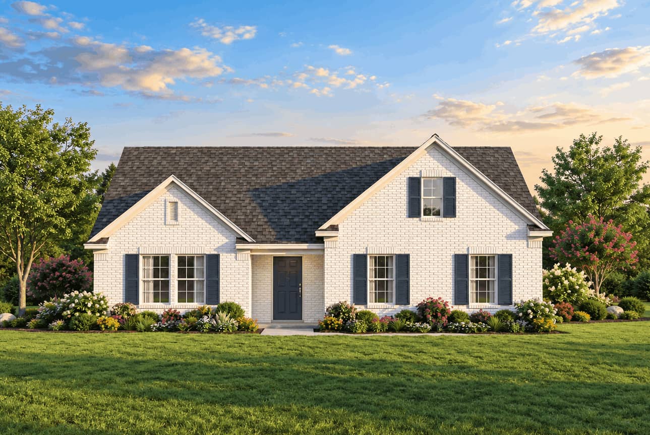 Traditional brick design with covered front porch, gable roofline, and side-entry garage. 3 beds, 2 baths, 1,359 sq ft - Plan #193-1429