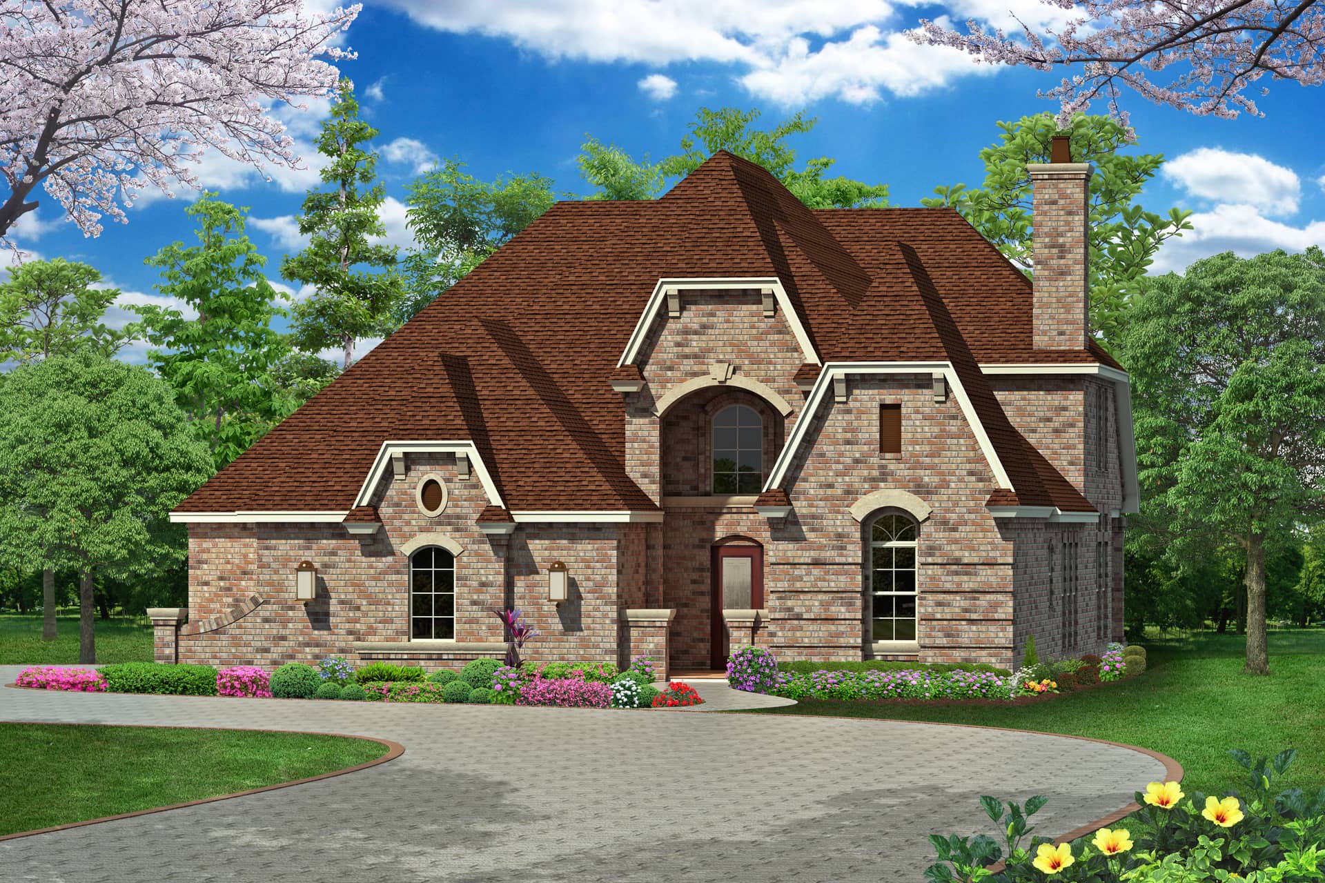 Front rendering of European style home plan (ThePlanCollection: House Plan #195-1002)