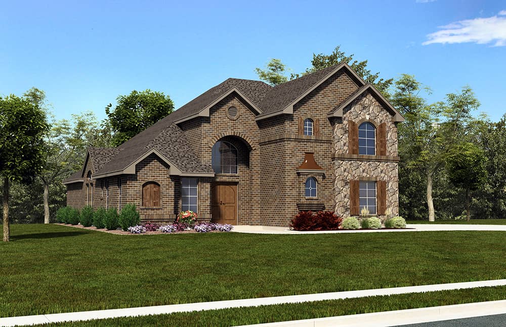 Photo-realistic illustration of European home plan (ThePlanCollection: House Plan #195-1014)