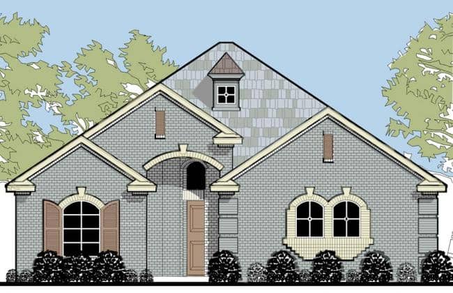 Front elevation of Tudor home (ThePlanCollection: House Plan #195-1018)