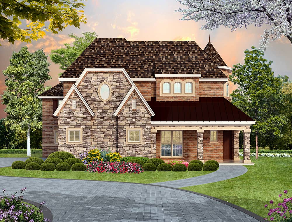 Front elevation of Tudor home (ThePlanCollection: House Plan #195-1019)