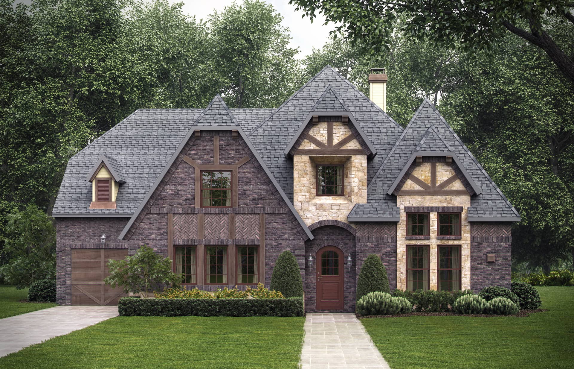 Color photo-realistic rendering of Tudor style home plan (House Plan #195-1025) at The Plan Collection.