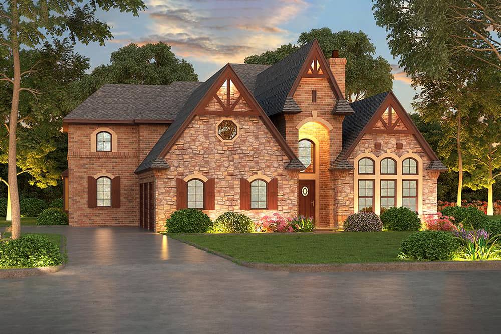 Color rendering of Tudor home (ThePlanCollection: House Plan #195-1056)