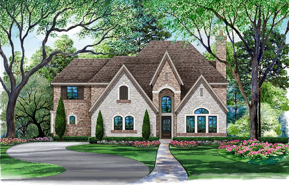 Front elevation of Tudor home (ThePlanCollection: House Plan #195-1058)